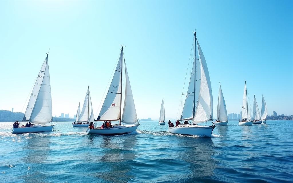 Sailboats competing in a regatta in the Singapore strait.